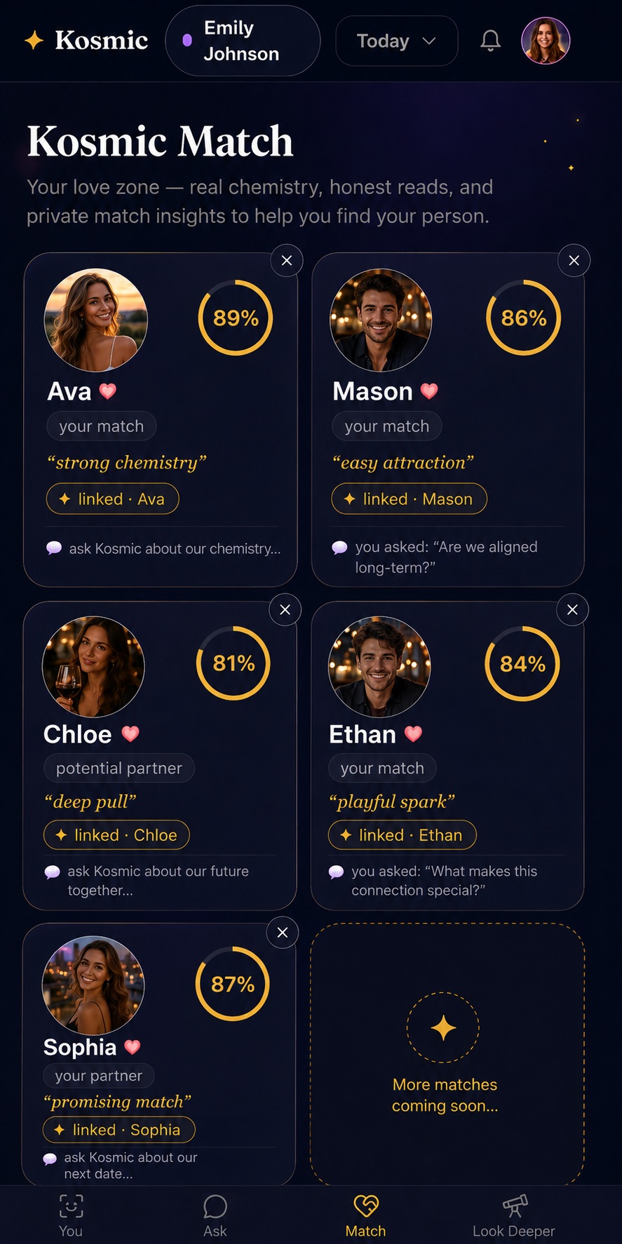 Kosmic Match — real charts, honest compatibility reads