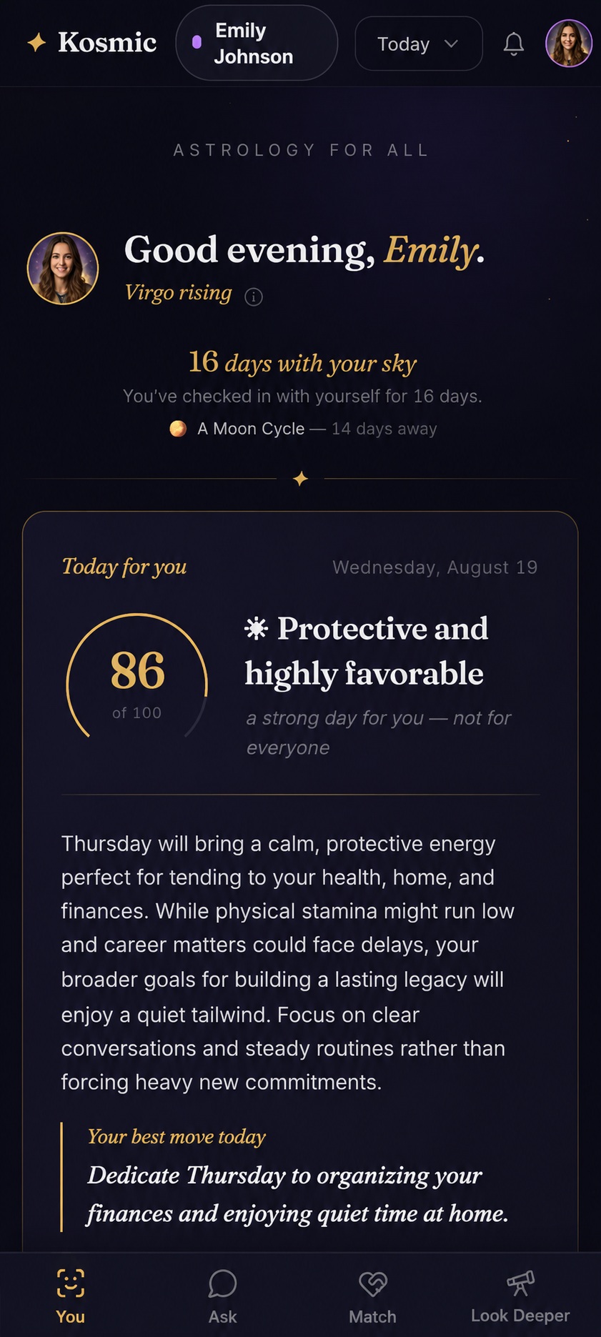 Kosmic You tab — your personal day score and guidance